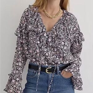 J. Crew | Floral Blue Ruffle Crinkle Chiffon Blouse Tie Neck Boho Top